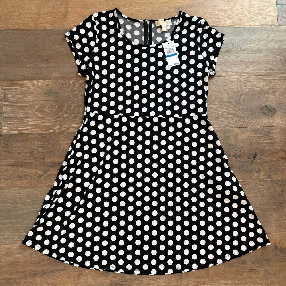 Michael Kors Black & White Polka Dot Short Sleeve Knee Length Dress ~ Sz XL ~NWT